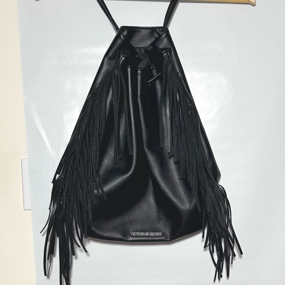 Victoria's Secret black faux leather tassel fringe drawstring purse backpack - Picture 3 of 7